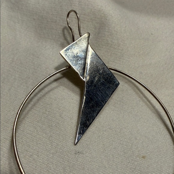 Sterling Silver Hoop Earrings with Geometric Design - Picture 2 of 4